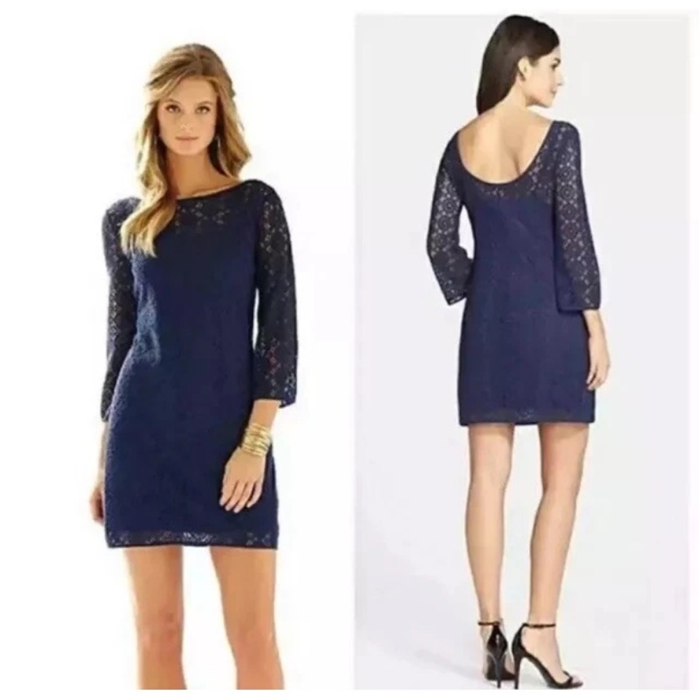 Lilly Pulitzer Topanga True Navy Blue Breakers Lace Dress Medium Bell Sleeves - Picture 1 of 13
